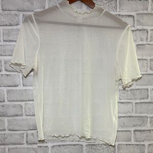 Revamped Sheer Cream Short Sleeve Top, scalloped curl trim, size XL